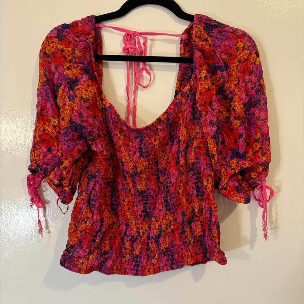 Free People Vibrant Floral Blouse - Red, Pink, Orange